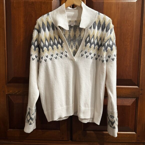Loft Cream Nordic Fair Isle Collared Split Neck Soft & Cozy Sweater XL - Picture 3 of 16